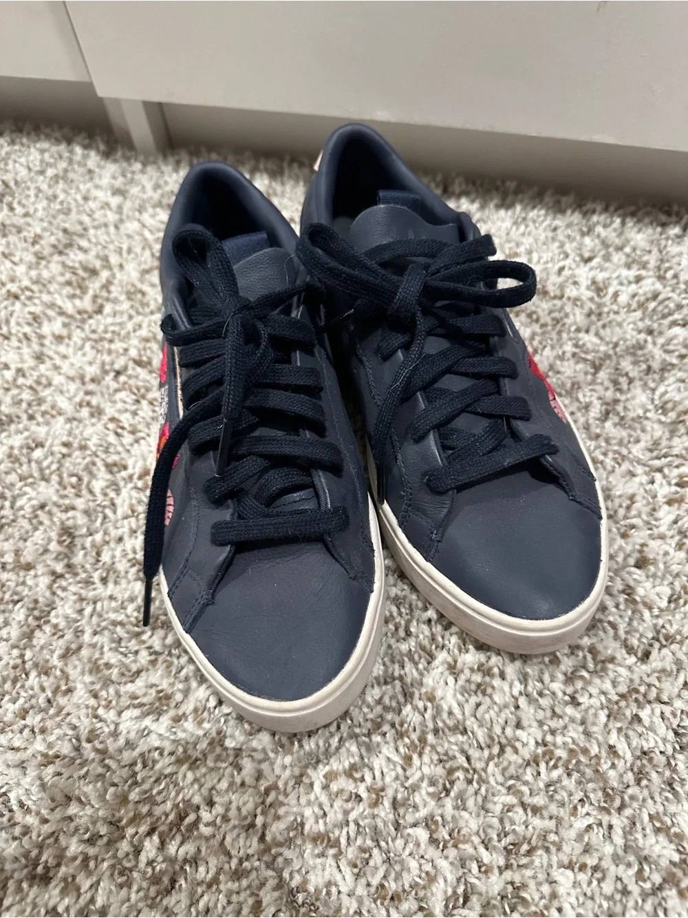 Adidas Women's Navy Floral Embroidered Low-Top Sneakers